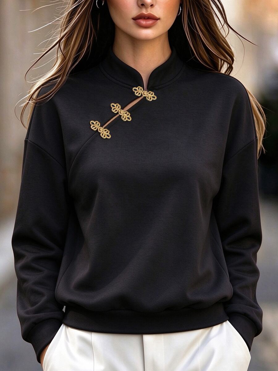 RosyDaze Sweatshirt dengan Kancing Katak dan Bahu Melorot - Hitam - View 1