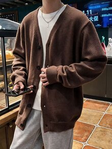 Claim Dot Men's Solid Color Single-Breasted Casual Everyday Cardigan, Fall/Winter, Long Sleeve Top - Coffee Brown - View 5
