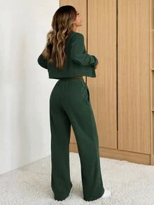 SHEIN EZwear 女款長袖寬鬆休閒上衣與寬腿褲兩件套，舒適棕色女裝套裝 - 墨綠色 - 查看 2