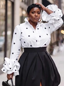 SHEIN CURVE+ Plus Size Women's Polka Dot Elegant Blouse, Single-Breasted Ruffle Cuff Casual Top, Suitable For Autumn/Winter, Fashionable For Commuting, Office Or Party Outings - White - View 9