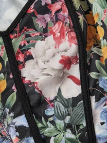 SHEIN MOD 女款花卉印花甜心領燈籠袖優雅鄉村風襯衫 米色 度假 秋季/萬聖節/開學季 - 黑色 - 查看 3
