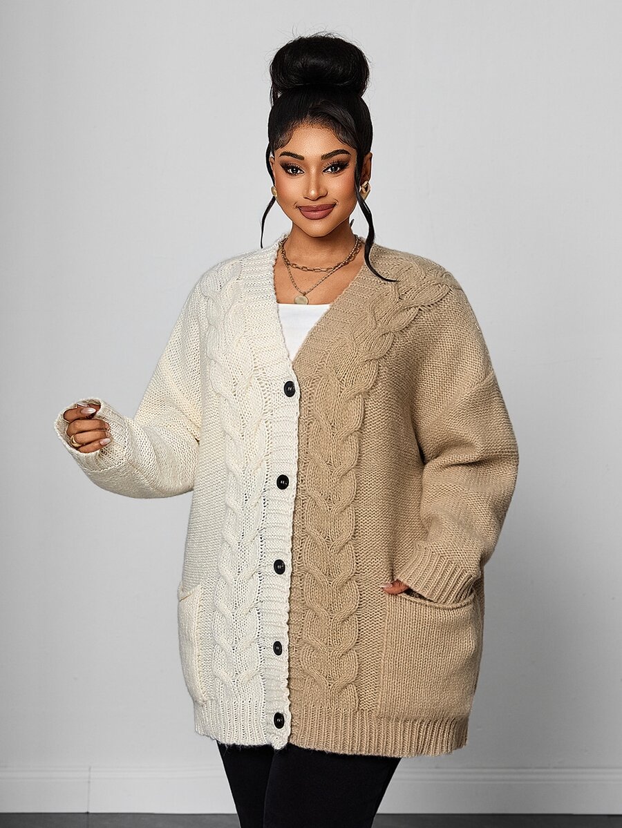 Maweii Plus Women's Sweater Cardigan, Coat, Drawstring, Contrasting Color, Pocket, Loose Fit,Autumn/Winter - Multicolor - View 1