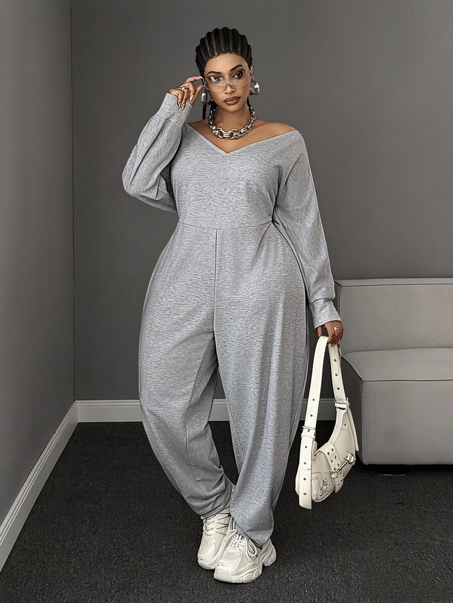 Maweii Plus Size European & American Sexy V-Neck Grey Long Sleeve Sports Sweatshirt Jumpsuit - Grey - View 1
