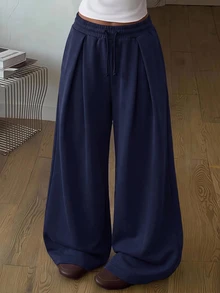 SHEIN 青少年女孩純色抽繩腰休閒百搭日常穿著長褲 - 藏蓝色 - 查看 4