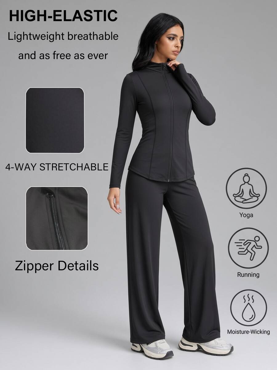 SHEIN With My Calm Mock Neck Thumbholes Zip Up Sports Top & Pants Set - Black - View 1
