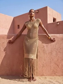 Zivah Women's Hollow Out Tassel Hem Knit Cover-Up Dress For Beach Vacation - Brown - View 9