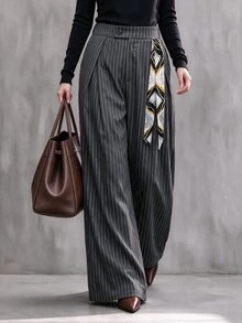 Ceyna Autumn New Women's Plus Size Vertical Striped Wide Leg Trousers With Waist Button Pleated Design And Scarf Ribbon Detail, Loose Fit Draped Style, Commuter Elegant Versatile Long Pants For Office, Party, Shopping And Daily Wear - Black - View 3