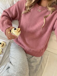 SHEIN 青少年女孩休閒燈籠袖短版純色長袖針織衫，灰色，秋冬款 - 玫紅色 - 查看 5