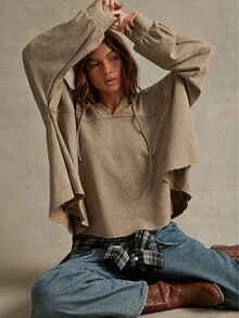 WESTFADE Brun hoodie med V-ringning för kvinnor, lös croppad pullover med nedsläppta axlar och rå fåll, höst, vinter, Thanksgiving, söt, boho, western - Brun - Visa 1