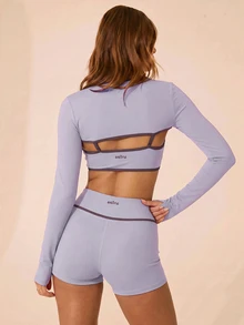 Aralina Women's Camisole Top And Striped Color Block Shorts With Long Sleeve Cardigan Sports Set - Purple - View 2