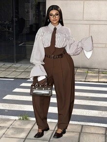 Maweii French Style Commuter Striped Lantern Sleeve Cinched Waist Wide Leg Jumpsuit - Brown - View 2
