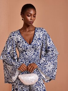 JIAN LASALA Knit V Neckline Ruched Bustier Double Layers Ruffle Long Sleeve Long Dress Elegant Vacation - Blue - View 6