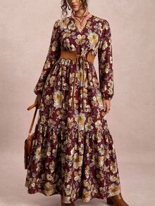 Freevana 大尺碼女款米色秋季波西米亞風長洋裝，花卉印花 V 領長袖飄逸舒適貼身，適合茶會、度假穿著的慵懶休閒風洋裝 - 彩色 - 查看 6