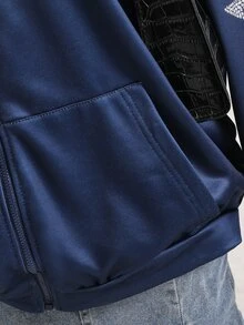 SHEIN 青少年女孩水鑽星星圖案落肩拉鍊連帽衛衣休閒寬鬆運動衫 - 藏蓝色 - 查看 7