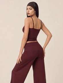 SHEIN BAE Women's Solid Color Camisole Top And Wide Leg Pants Sports Set - Burgundy - View 5