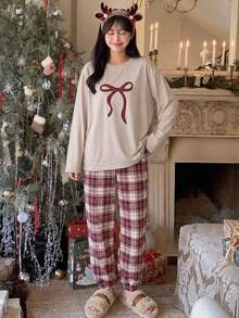 Livesso Bow Print Drop Shoulder Tee & Plaid Tapered Pants Pajama Set - Khaki - View 5