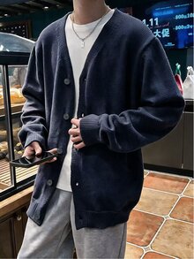 Claim Dot 男士素色單排扣休閒日常開襟衫，秋冬長袖上衣 - 寶藍色 - 查看 3