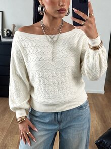 POPSWAY Plus Solid Boat Neck Lantern Sleeve Pointelle Knit Sweater Winter - Beige - View 5