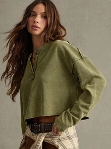 WESTFADE Washed Waffle Knit Green Long Sleeve Cropped Henley Top, Fall, Autumn, Winter, Cowgirl, Western, Country Concert, Boho, Cute, Thanksgiving - Olive Green - View 4