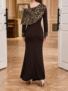 SHEIN Clasi Women's Patchwork Leopard Print Asymmetric Neck Long Sleeve Fishtail Hem Elegant Dress Formal Black - Brown - View 2