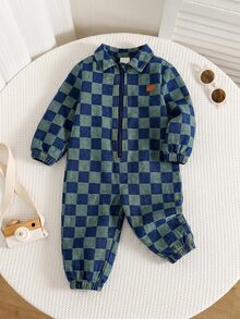 SHEIN Baby Boy Checkered Zipper Front Denim Jumpsuit - Multicolor - View 3
