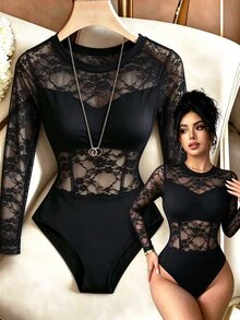SHEIN بودي نسائي شتوي بأكمام طويلة من الدانتيل المتباين بتصميم مثير وعصري - الأسود - مشاهدة 1