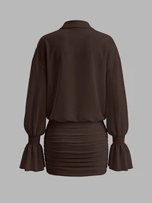 Cévolie Fashionable Elegant Lace Patchwork Cross Neckline Drop Shoulder Petal Sleeve Long Sleeve Ruffle Semi-Sheer Bodycon Mini Dress For Women - Brown - View 2