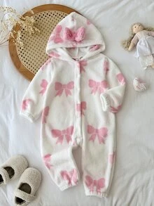SHEIN Baby Girl Bow Print Long Sleeve Cute Hooded Romper - Pink - View 7