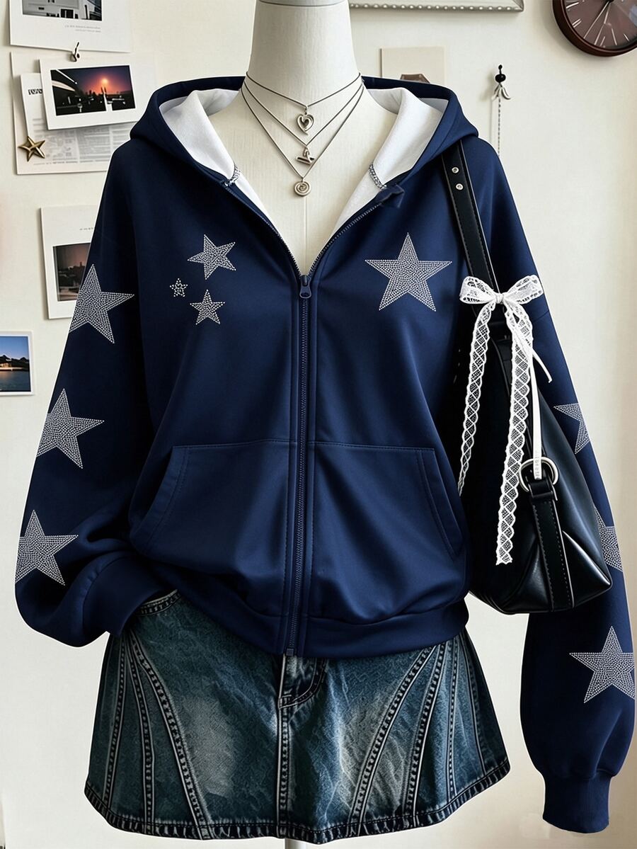 SHEIN 青少年女孩水鑽星星圖案落肩拉鍊連帽衛衣休閒寬鬆運動衫 - 藏蓝色 - 查看 1