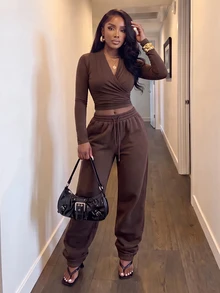 Slaydiva Women's Cross-Cut Cropped Long Sleeve Top And Elastic Waist Pants 2 Pieces Set - Brown - View 4