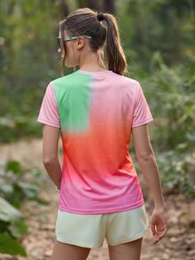 SHEIN Unity 女款夏季漸層印花短袖運動T恤（無口袋） - 粉色 - 查看 2