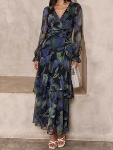 Amorya Women's Gentle French Floral Print Flared Cuff Pleated Dress Party Dress Autumn Holiday Dress - Multicolor - View 5