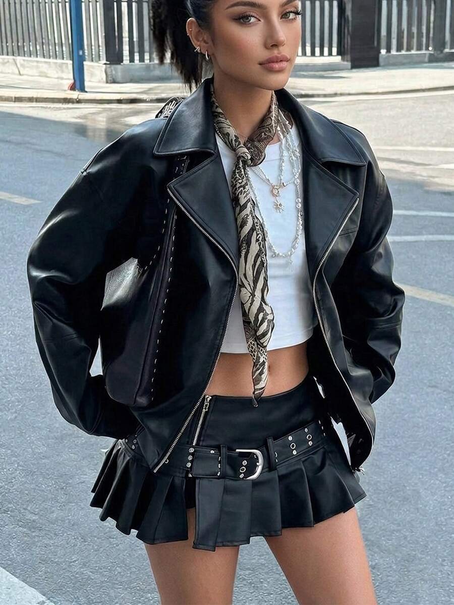 SuriyaCove 新款街頭風寬鬆休閒女款 PU 皮革機車夾克 - 黑色 - 查看 1