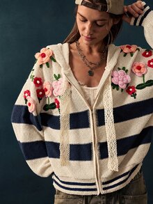 Bohemela 復古撞色刺繡針織帽領毛衣開襟衫 - 杏色 - 查看 3