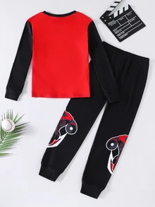 SHEIN 青少年男孩卡通印花長袖上衣與長褲休閒日常居家睡衣套裝 - 彩色 - 查看 2