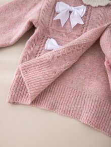 SHEIN Setelan Rajut 2 Potong untuk Anak Perempuan, Kerah Peter Pan, Pita, Rajut Kabel, Blok Warna, Gaya Putri, Musim Semi/Musim Gugur, Rok, Atasan Kardigan, Pakaian Manis untuk Anak Perempuan - Berwarna merah muda - View 3