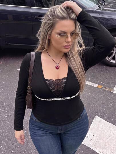 SHEIN ICON Plus Size Y2K Lace Patchwork V-Neck Long Sleeve Inner Top
