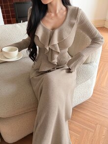 DAZY Women's Solid Color Ruffle Long Sleeve Top And Skirt Knit 2 Pieces Set - Apricot - View 1