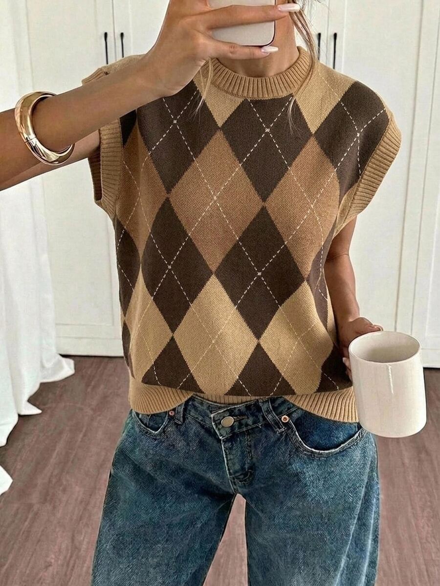 Siren Gaze Women's Diamond Grid Round Neck Batwing Short Sleeve Knit Top - Multicolor - View 1