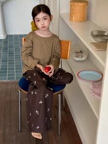 Dazy Kids Tween Girl) Round Neck Pullover Solid Color Casual T-Shirt + Straight Leg Long Pants Casual Home Wear 2 Pieces Set - Brown - View 7