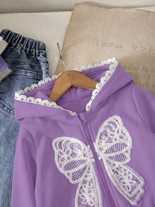 SHEIN 女童灰色與白色花卉蝴蝶結裝飾連帽衛衣外套，適合秋冬外出穿著 - 紫色 - 查看 7