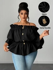 Maweii Plus Size Women Solid Color Off Shoulder Frill Trim Metal Design Blouse Fall - Black - View 1
