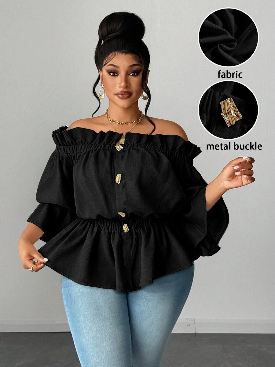 Maweii Plus Size Women Solid Color Off Shoulder Frill Trim Metal Design ...