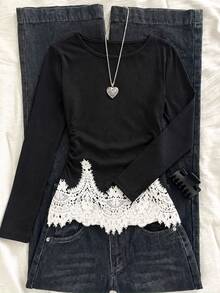 SHEIN Tween Girls T-Shirts Contrast Kids Black Lace Patchwork Elegant Long Sleeve - Black - View 5