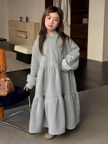 Dazy Kids Tween Girl Hooded A-Line Casual Long Sleeve Dress, Autumn/Winter - Grey - View 5