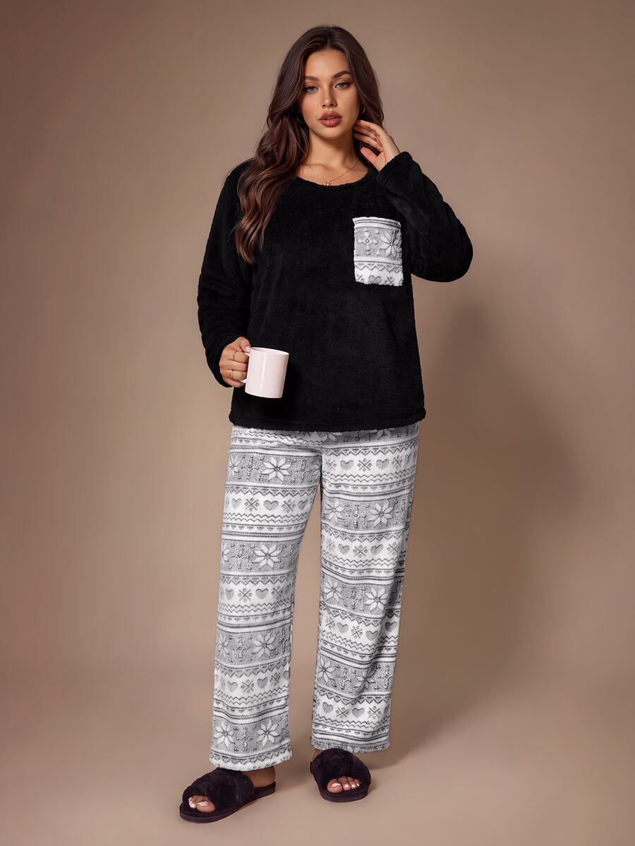 Lazeform Black Plush Patchwork Fair Isle Pattern Pocket Long Sleeve Top & Fair Isle Print Plush Pants Plus Size Women's Pajama Set - Black - View 1