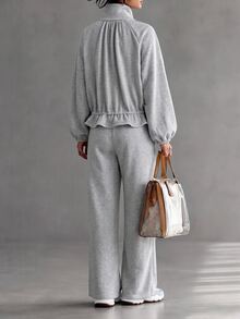 LUMIGAL Oversized Half-Zip Ruffle Hem Crop Jacket And Wide Leg Full Length Co-Ord Two Pieces Set Fall/Winter - Light Grey - View 2
