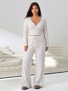 Solflare Plus Size Floral Print Long Sleeve Top And Drawstring Waist Pants 2 Pieces Set,Fall,Winter,Casual,Going Out - Multicolor - View 6