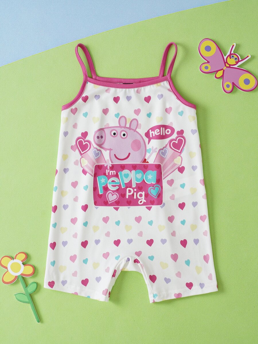 Peppa Pig X SHEIN رومبير بحمالات سباغيتي مطبوع عليه قلب كرتوني للبنات الصغيرات - متعدد الألوان - مشاهدة 1