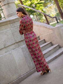 Nöista 女款V領滿版印花休閒派對長洋裝 - 藕粉色 - 查看 3